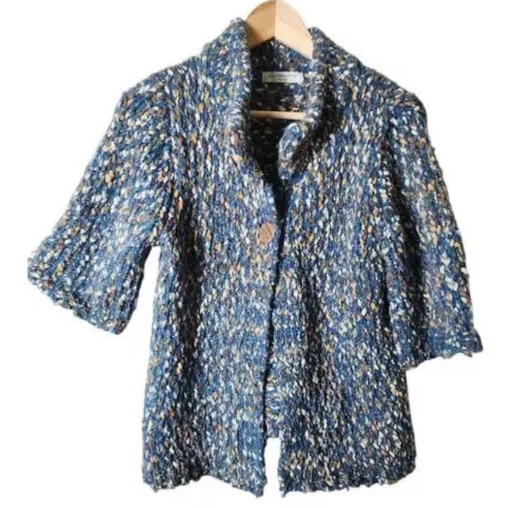Liz Claiborne Chunky Cardigan Blue Gold SS Sweater Textured Knit Button Up